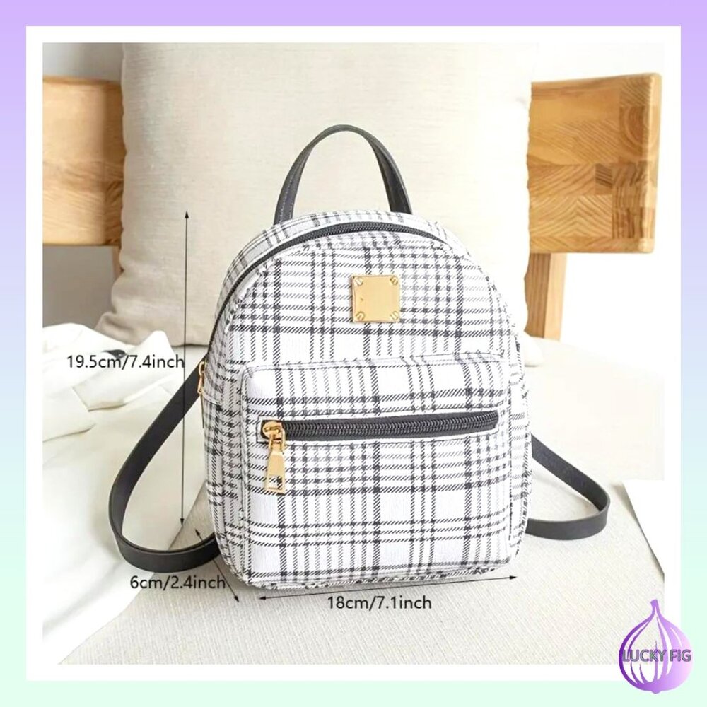 BLACK PLAID MINI BACKPACK1pc New Plaid Stylish Backpack, Multi Functional Casual